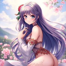 An artistic depiction of a beautiful anime-style character with an elegant pose, emphasizing the curves and colors of her body while keeping the image tasteful and artistic