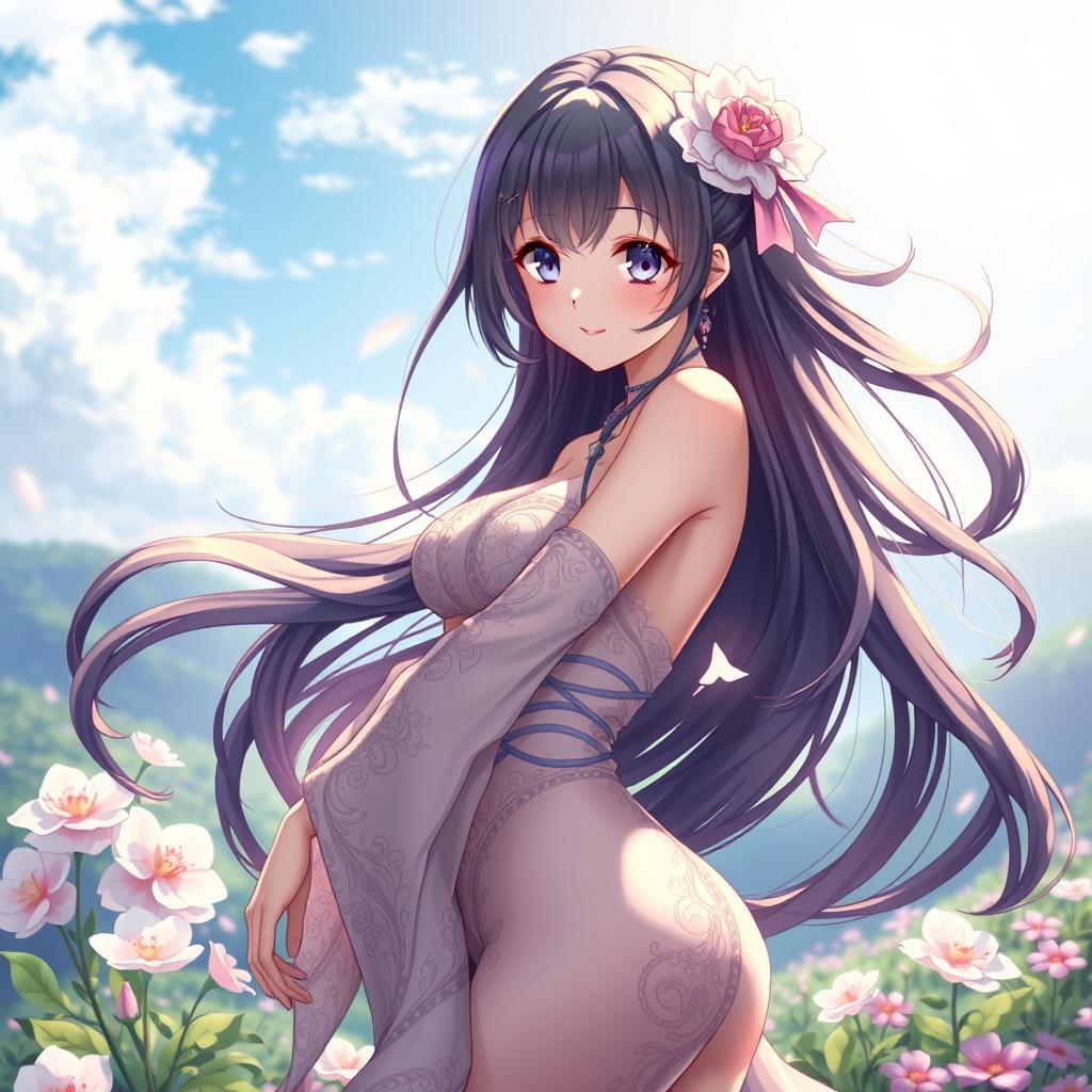 An artistic depiction of a beautiful anime-style character with an elegant pose, emphasizing the curves and colors of her body while keeping the image tasteful and artistic
