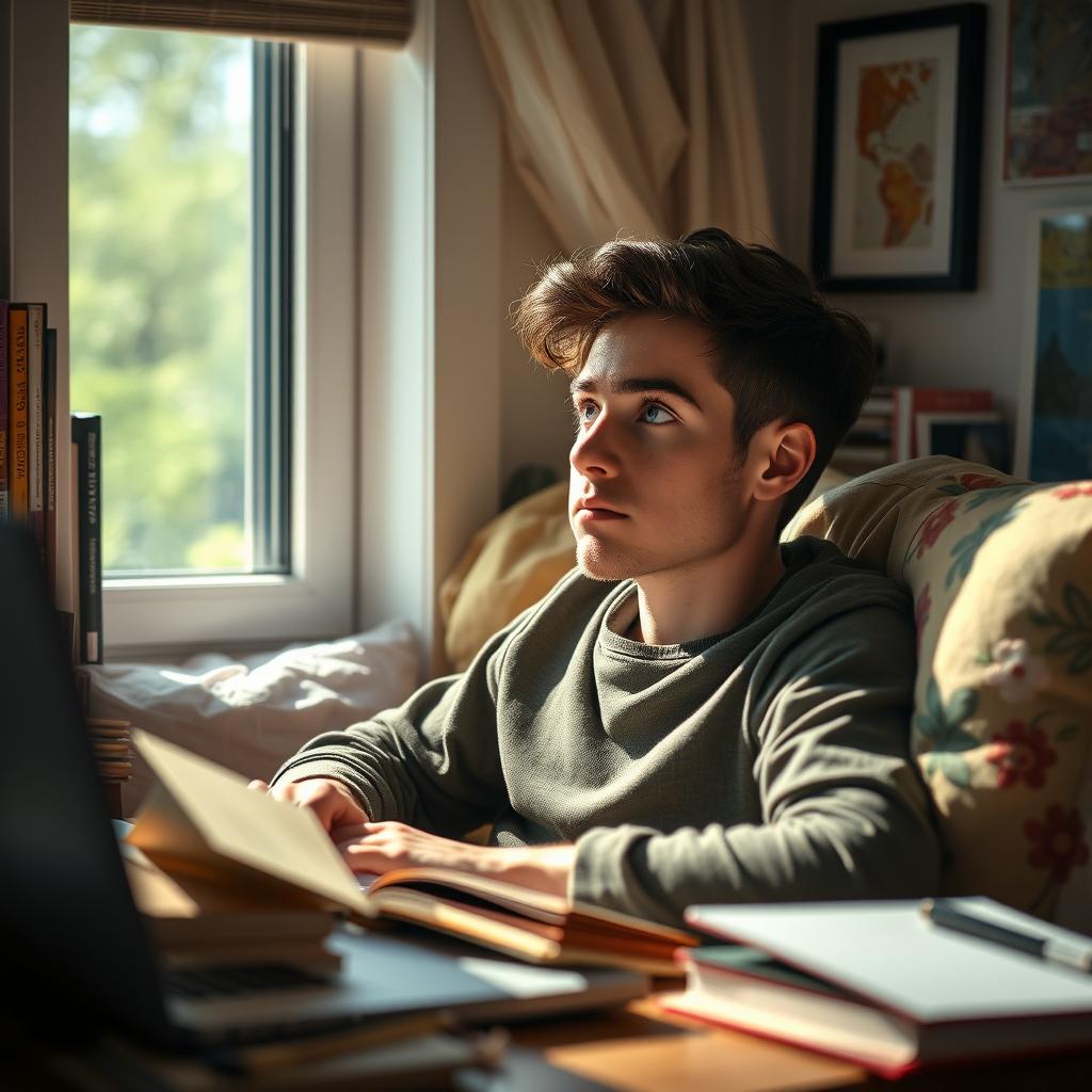 A focused student studying in his cozy room, surrounded by books and a laptop