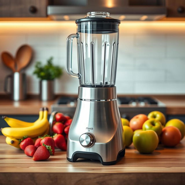 A realistic and visually appealing product display of a high-end stainless steel blender