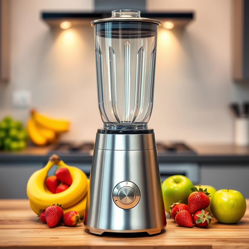 A realistic and visually appealing product display of a high-end stainless steel blender