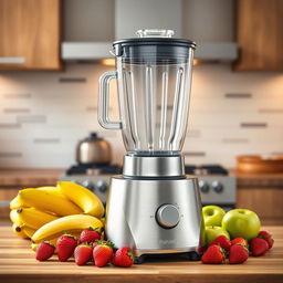 A realistic and visually appealing product display of a high-end stainless steel blender