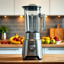 A realistic and visually appealing product display of a high-end stainless steel blender