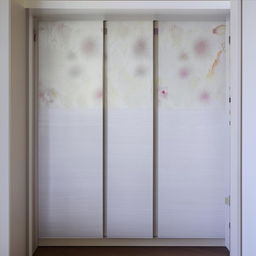 A large 8 by 8 sliding wardrobe in textured shades of white, enhanced with colorful lavish prints.