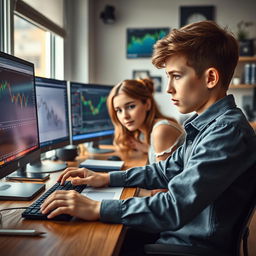 A young boy named Loka, deeply engaged in trading, sitting at a stylish desk filled with charts, graphs, and trading software, meticulously working on a Market Reversal High (MRH) strategy
