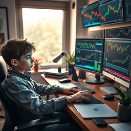 A young boy named Loka, deeply engaged in trading, sitting at a stylish desk filled with charts, graphs, and trading software, meticulously working on a Market Reversal High (MRH) strategy