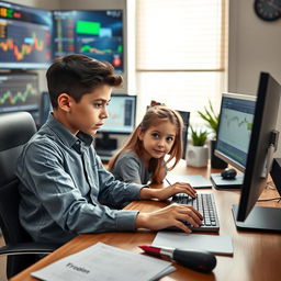 A young boy named Loka, deeply engaged in trading, sitting at a stylish desk filled with charts, graphs, and trading software, meticulously working on a Market Reversal High (MRH) strategy