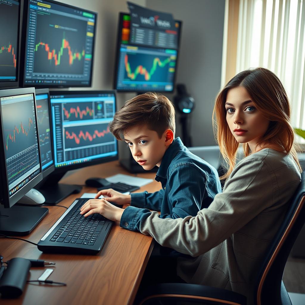 A young boy named Loka, deeply engaged in trading, sitting at a stylish desk filled with charts, graphs, and trading software, meticulously working on a Market Reversal High (MRH) strategy