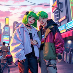 A captivating artistic rendering of Billie Eilish and Choi Seong-Hyun (also known as Seungri from Big Bang) together in a vibrant urban setting