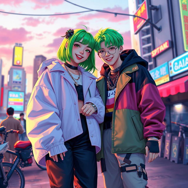 A captivating artistic rendering of Billie Eilish and Choi Seong-Hyun (also known as Seungri from Big Bang) together in a vibrant urban setting