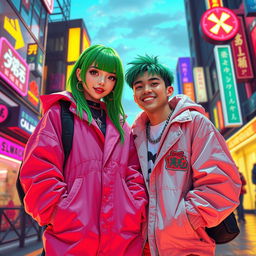 A captivating artistic rendering of Billie Eilish and Choi Seong-Hyun (also known as Seungri from Big Bang) together in a vibrant urban setting