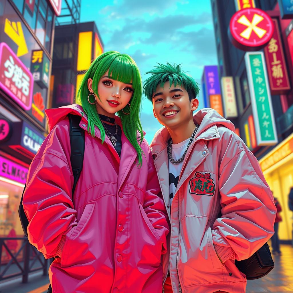 A captivating artistic rendering of Billie Eilish and Choi Seong-Hyun (also known as Seungri from Big Bang) together in a vibrant urban setting