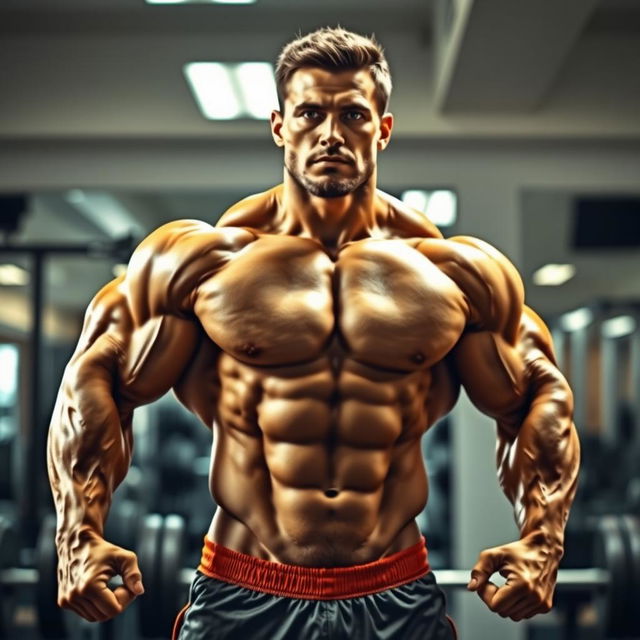 A muscular bodybuilder showcasing an impressive biceps peak, standing in a powerful pose