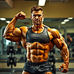 A muscular bodybuilder showcasing an impressive biceps peak, standing in a powerful pose