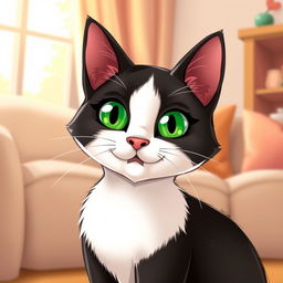 A cartoon-style illustration of a charming adult Tuxedo cat with striking green eyes