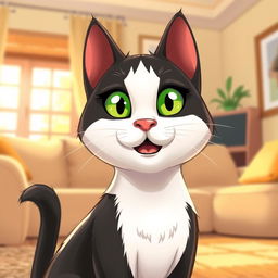 A cartoon-style illustration of a charming adult Tuxedo cat with striking green eyes