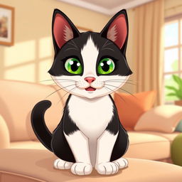 A cartoon-style illustration of a charming adult Tuxedo cat with striking green eyes