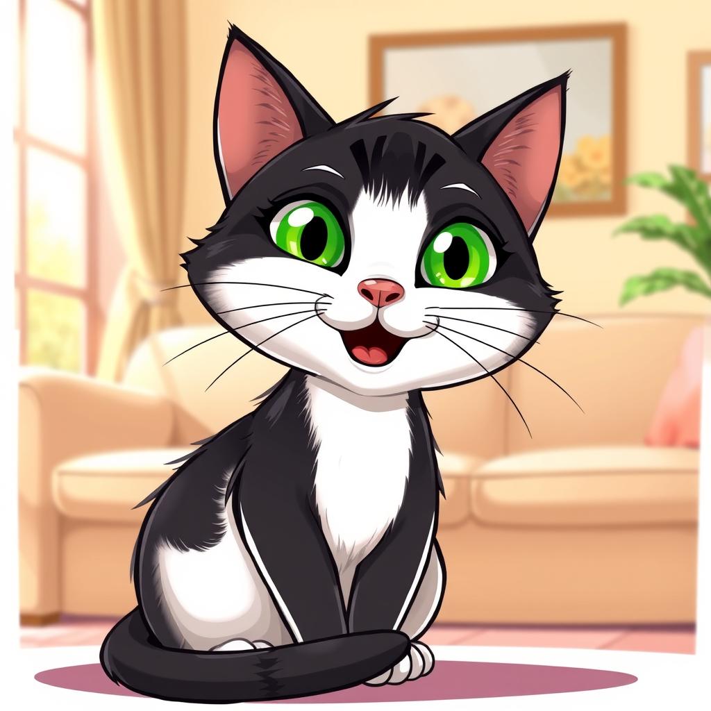 A cartoon-style illustration of a charming adult Tuxedo cat with striking green eyes