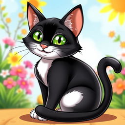 A cartoon illustration of an adult tuxedo cat with striking green eyes, featuring a charming and playful expression