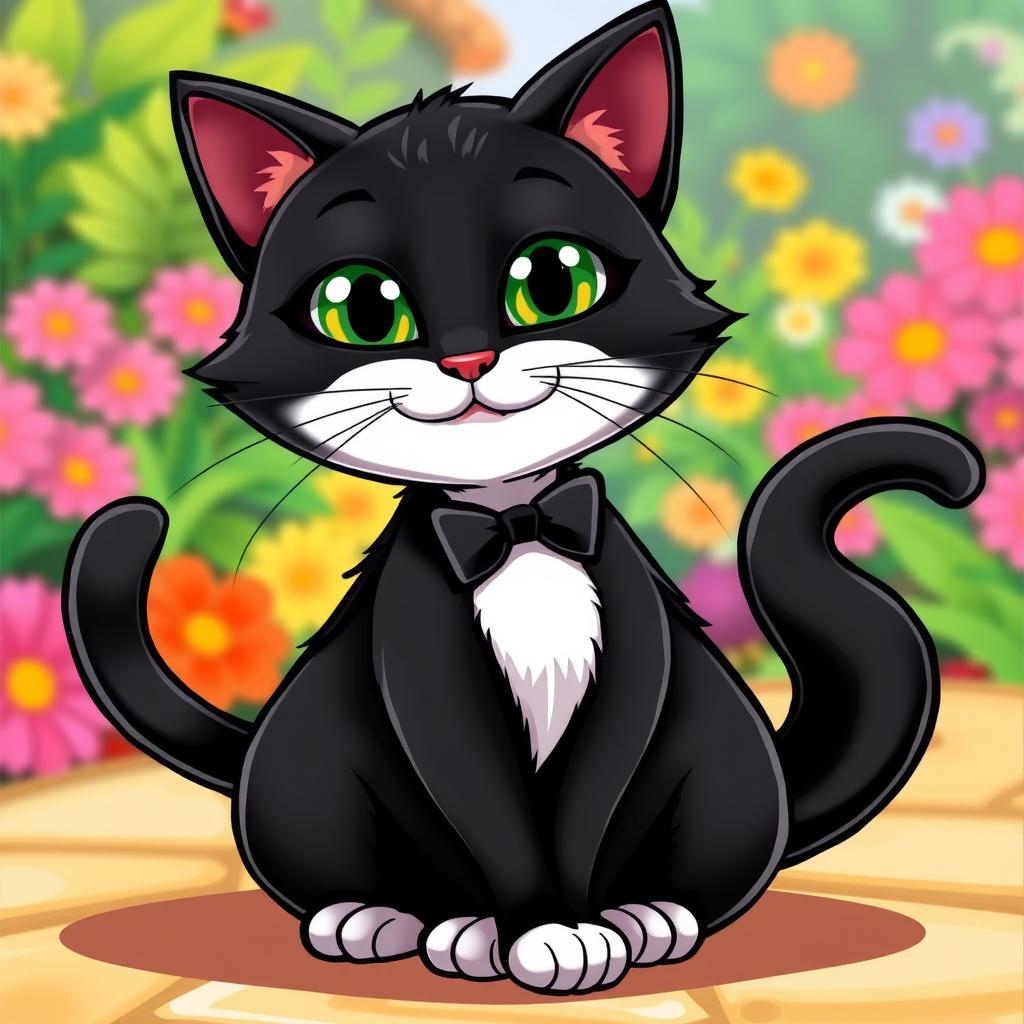 A cartoon illustration of an adult tuxedo cat with striking green eyes, featuring a charming and playful expression