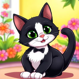 A cartoon illustration of an adult tuxedo cat with striking green eyes, featuring a charming and playful expression