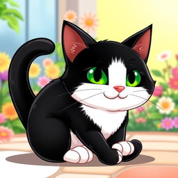 A cartoon illustration of an adult tuxedo cat with striking green eyes, featuring a charming and playful expression