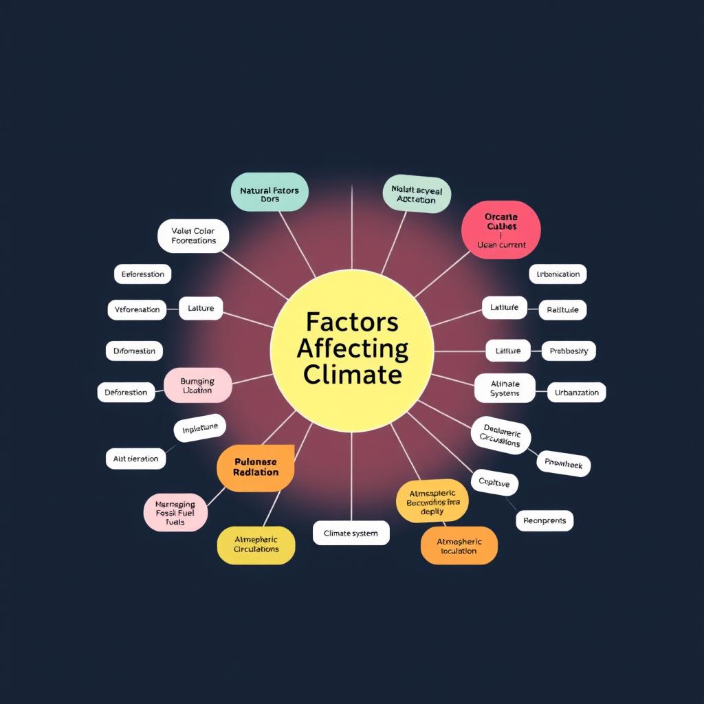 A visually engaging concept map illustrating the factors affecting climate