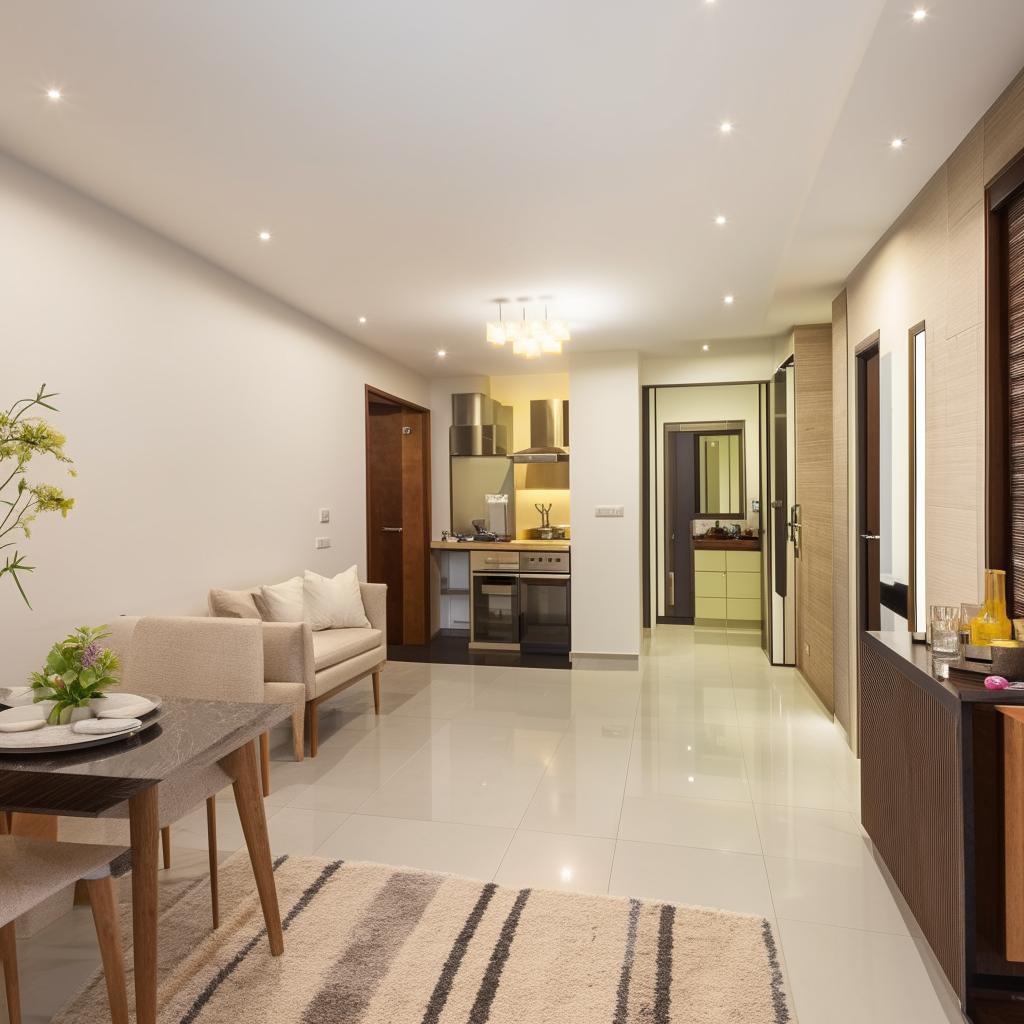 2 BHK apartment with a modern living room, open kitchen, two comfortable bedrooms, and well-equipped bathrooms