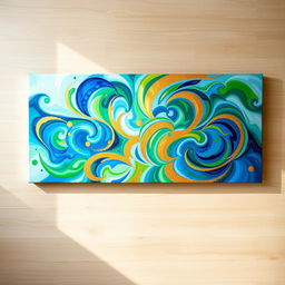 A vibrant and colorful abstract painting featuring swirling patterns in various shades of blue, green, and gold