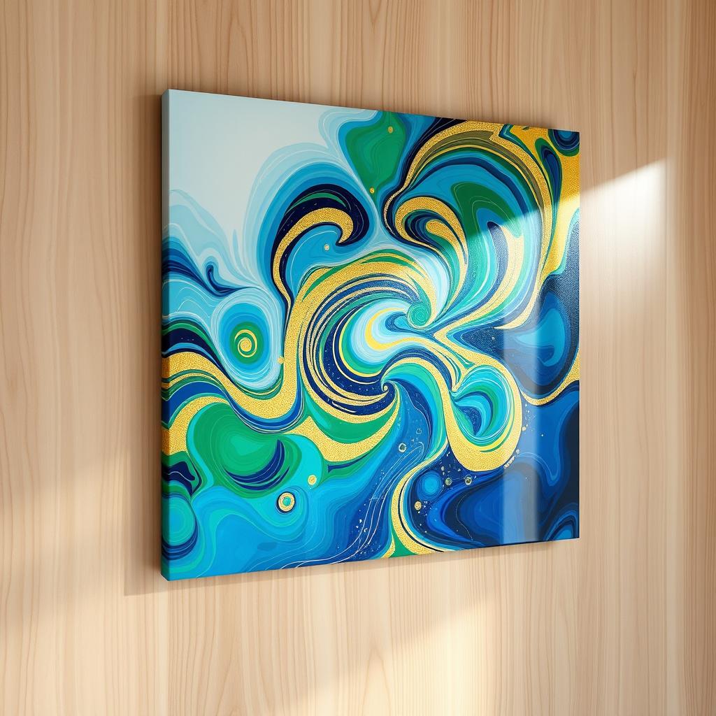 A vibrant and colorful abstract painting featuring swirling patterns in various shades of blue, green, and gold