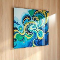 A vibrant and colorful abstract painting featuring swirling patterns in various shades of blue, green, and gold