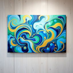 A vibrant and colorful abstract painting featuring swirling patterns in various shades of blue, green, and gold