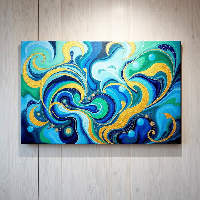 A vibrant and colorful abstract painting featuring swirling patterns in various shades of blue, green, and gold