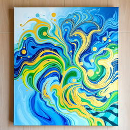 A vibrant and colorful abstract painting featuring swirling patterns in various shades of blue, green, and gold