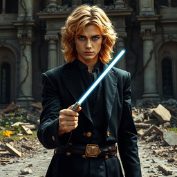 Anakin Skywalker with his signature curly blonde hair, wearing a sleek black suit with golden details, standing in front of a destroyed mansion with debris scattered around