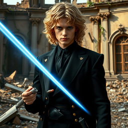 Anakin Skywalker with his signature curly blonde hair, wearing a sleek black suit with golden details, standing in front of a destroyed mansion with debris scattered around