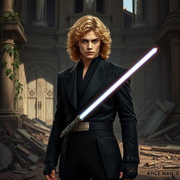 Anakin Skywalker with his signature curly blonde hair, wearing a sleek black suit with golden details, standing in front of a destroyed mansion with debris scattered around