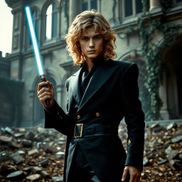 Anakin Skywalker with his signature curly blonde hair, wearing a sleek black suit with golden details, standing in front of a destroyed mansion with debris scattered around