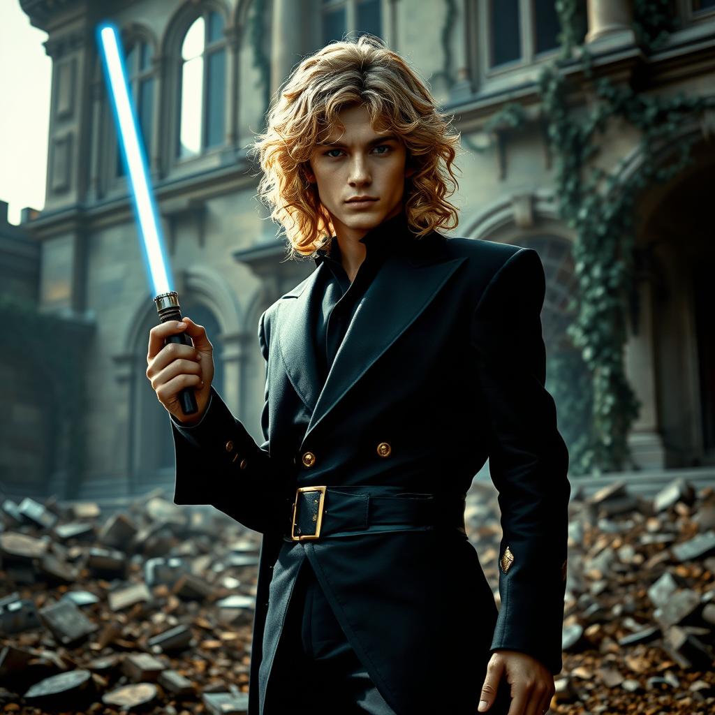 Anakin Skywalker with his signature curly blonde hair, wearing a sleek black suit with golden details, standing in front of a destroyed mansion with debris scattered around