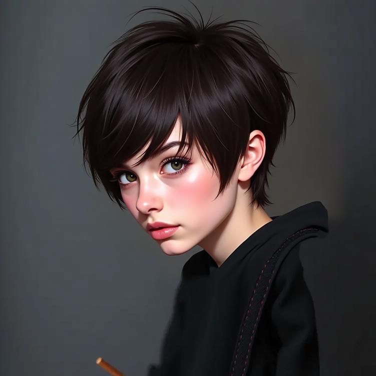 A stylized doll with short, boyish hair, keeping the bangs intact