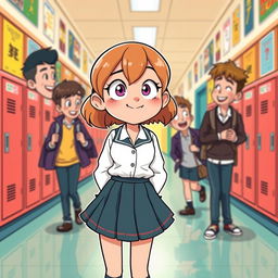 A mischievous school girl with playful eyes, wearing a classic school uniform with a skirt and blazer, is depicted in a humorous and lighthearted scene