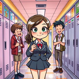 A mischievous school girl with playful eyes, wearing a classic school uniform with a skirt and blazer, is depicted in a humorous and lighthearted scene