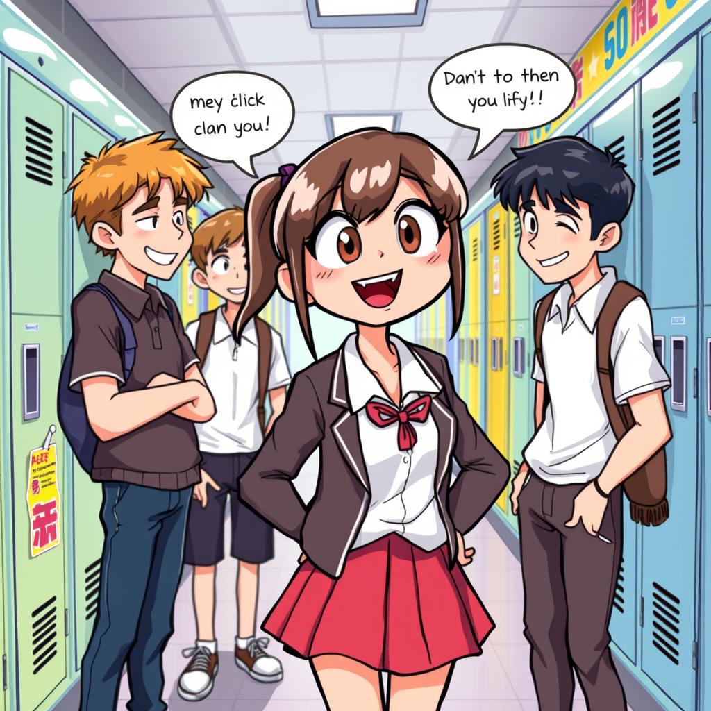 A mischievous school girl with playful eyes, wearing a classic school uniform with a skirt and blazer, is depicted in a humorous and lighthearted scene