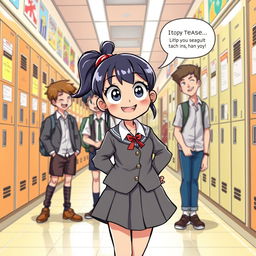 A mischievous school girl with playful eyes, wearing a classic school uniform with a skirt and blazer, is depicted in a humorous and lighthearted scene