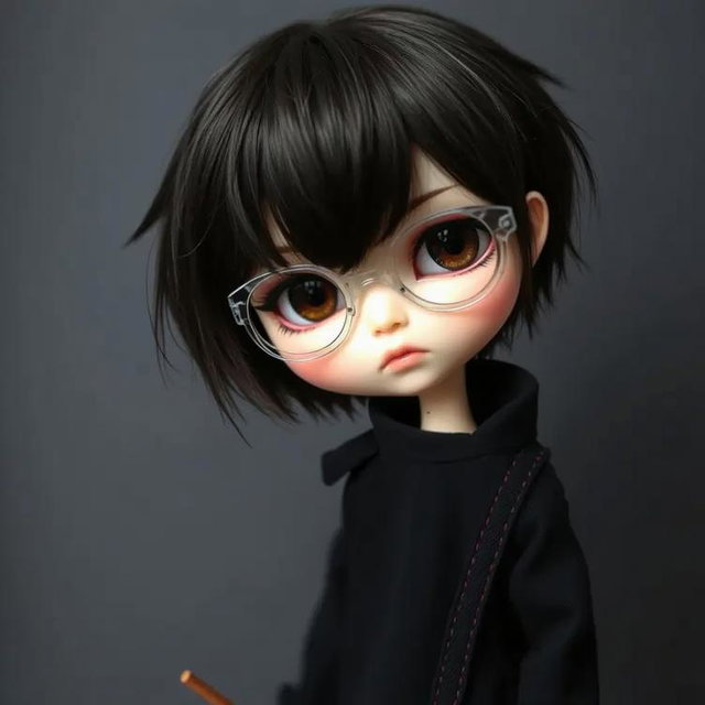 A doll with a boyish hairstyle featuring very short hair, wearing stylish round glasses