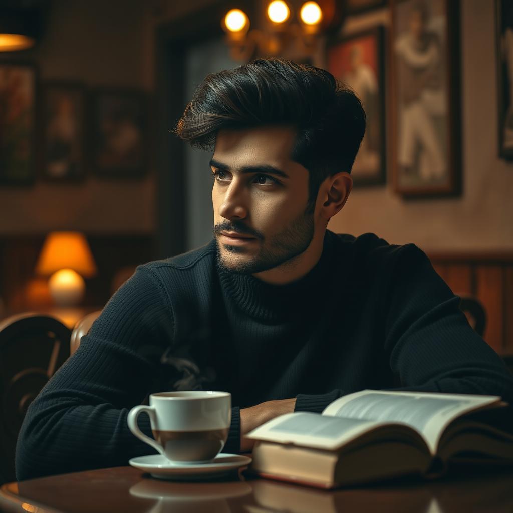 A moody portrait of a man named Saeid sitting in a rustic café, surrounded by warm, ambient light