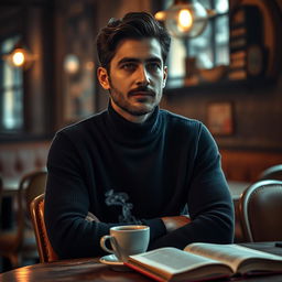 A moody portrait of a man named Saeid sitting in a rustic café, surrounded by warm, ambient light