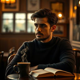 A moody portrait of a man named Saeid sitting in a rustic café, surrounded by warm, ambient light