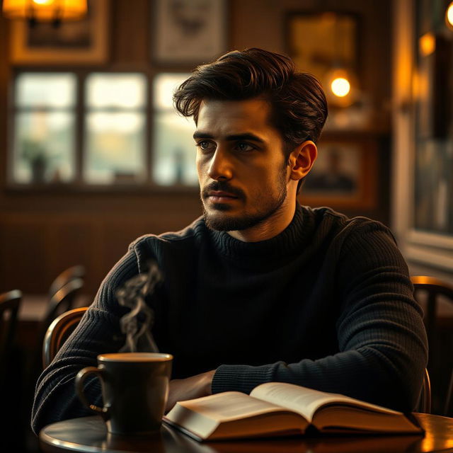 A moody portrait of a man named Saeid sitting in a rustic café, surrounded by warm, ambient light