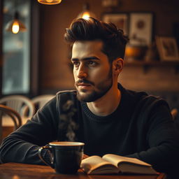 A moody portrait of a man named Saeid sitting in a rustic café, surrounded by warm, ambient light